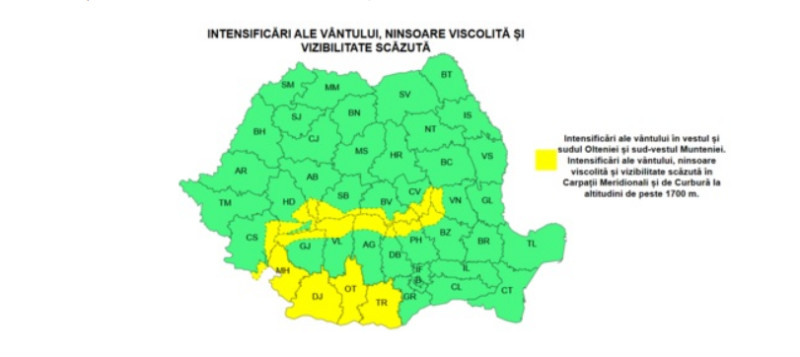 Avertizări meteo: Alertă galbenă de vânt și ninsoare viscolită. Previziunea vremii până la Anul Nou.